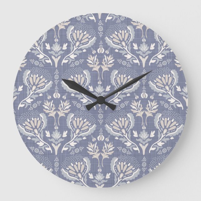 Französisch-blauer Damast, Shabby Chic. Große Wanduhr (Vorderseite)