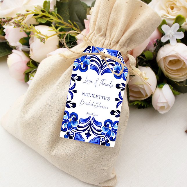 Französisch-blaues Mittelmeer-Brautparty Geschenkanhänger (French Blue Mediterranean ornate tile Spanish Mexican bridal shower thank you favor Gift Tags)