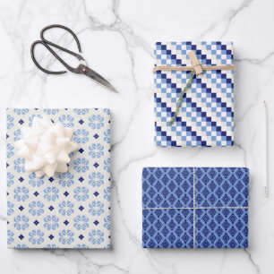 Französisch-blaues Trio 3 Geometrisches Set des Um Geschenkpapier Set