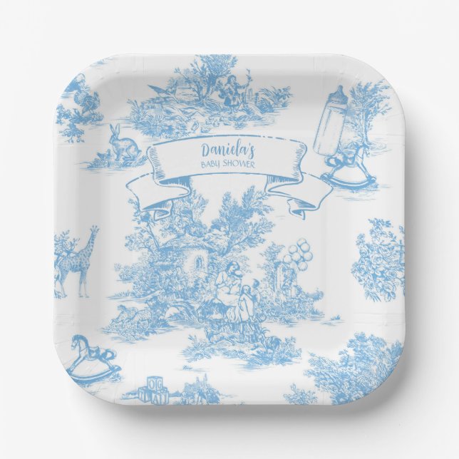 Französisch Blue and White Toile de Jouy Baby Dusc Pappteller (Vorderseite)