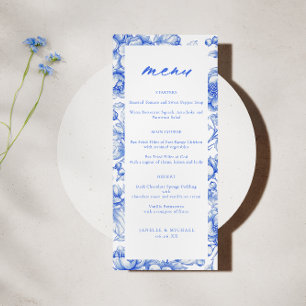 Französisch Blue Chinoiserie Script Wedding Menü Menükarte