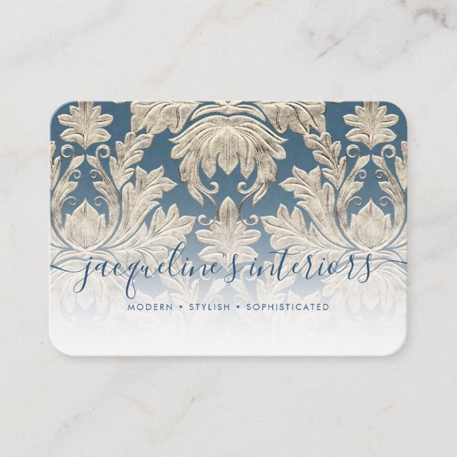 Französisch Blue Elegant Vintages Holz Damask Visitenkarte (Vorderseite)