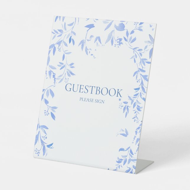 Französisch Blue Floral Botanical Wedding Gästebuc Sockelschild (Vorderseite)