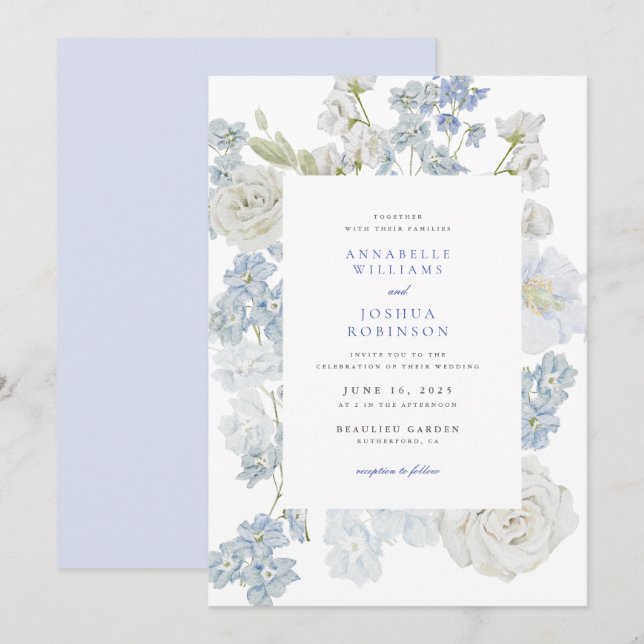 Französisch Blue Florals Hochzeitseinladung Einladung (Vorne/Hinten)