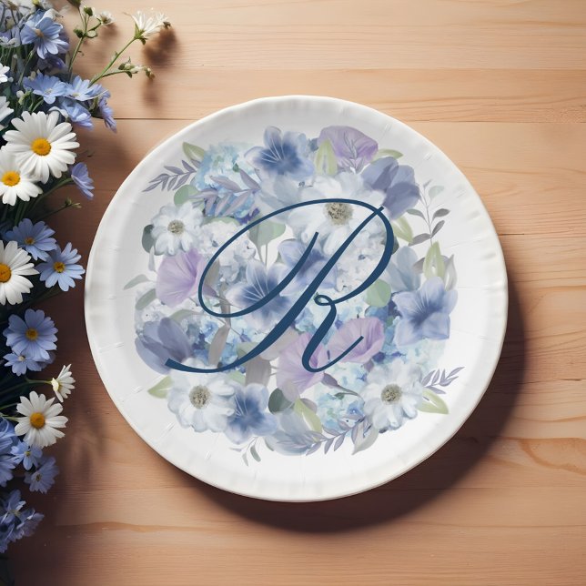 Französisch Blue & Lavender Watercolor Floral Wedd Pappteller (French Blue & Lavender Watercolor Floral Wedding Paper Plates)
