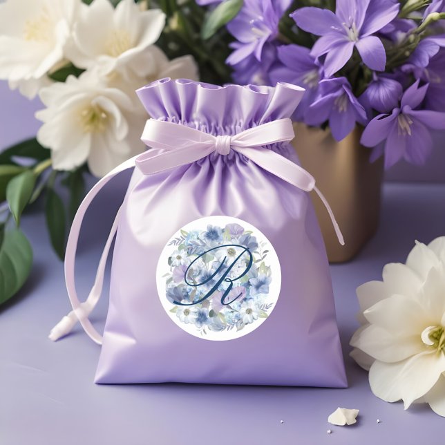 Französisch Blue & Lavender Watercolor Floral Wedd Runder Aufkleber (French Blue & Lavender Watercolor Floral Wedding Classic Round Sticker)
