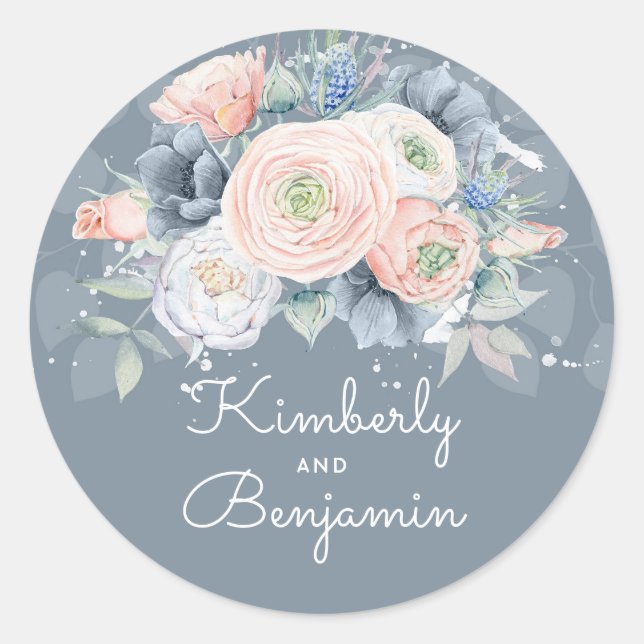 Französisch Blue und Quarz Rose Floral Wedding Runder Aufkleber (Vorderseite)