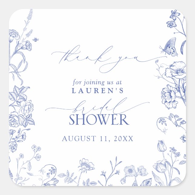 Französisch Blue & White Floral Brautparty Vielen  Quadratischer Aufkleber (Vorderseite)