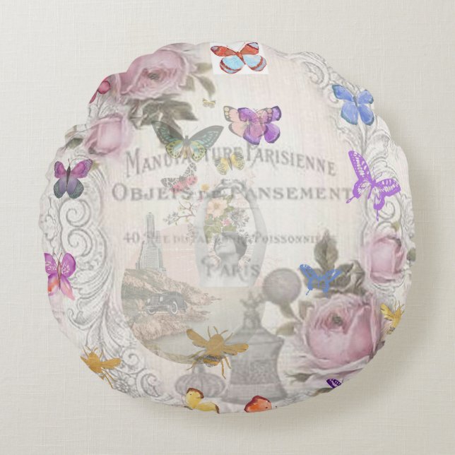 Französisch chic, Land rustikal, florale Muster,Ro Rundes Kissen (Vorderseite)
