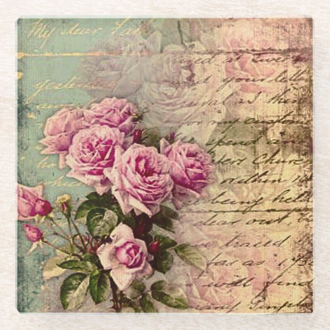 Französisch Country chic, Shabby Chic, rosa Rosen, Glasuntersetzer (Vorderseite)