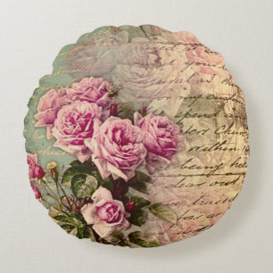 Französisch Country chic, Shabby Chic, rosa Rosen, Rundes Kissen