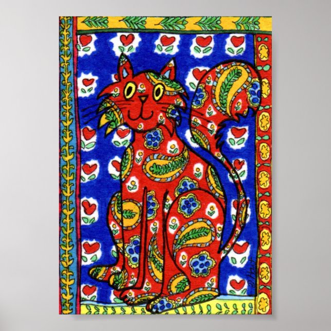 Französisch Country Style Red Paisley Cat Mini Fol Poster (Vorne)