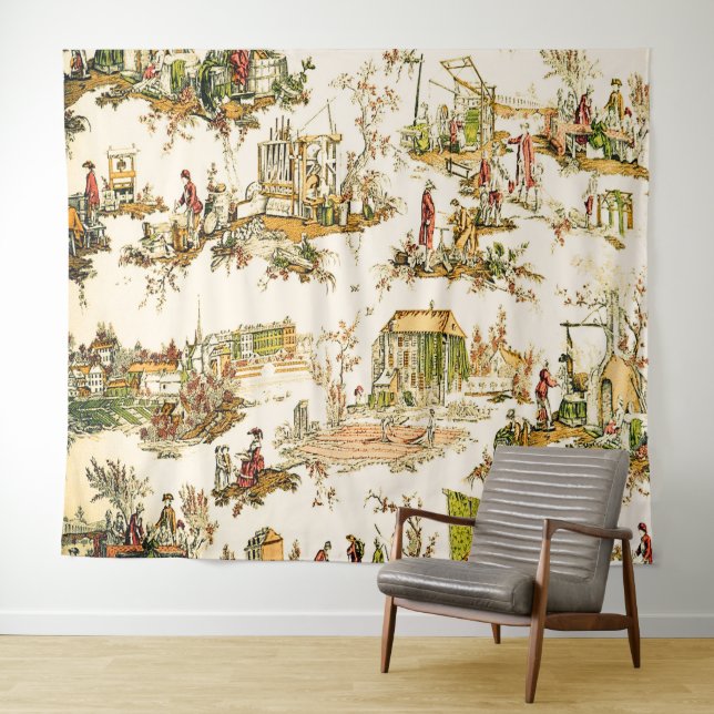 Französisch Creme Toile Chinoiserie Stil Rustikal Wandteppich (Beispiel (Horizontal))