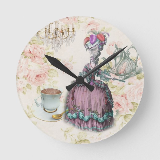 Französisch floral Paris Teezeremonie Party Marie  Runde Wanduhr (Vorderseite)