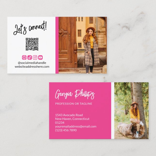 Französisch Fuchsia Social Media Icons QR Code Fot Visitenkarte (Vorne/Hinten)