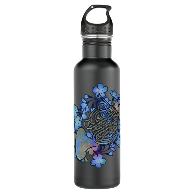 Französisch Horn Art Band Class Musik Blue Blumen Edelstahlflasche (Vorderseite)