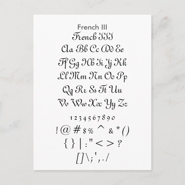 Französisch III - Zazzle-Schriftart-Musterblatt Postkarte (Vorderseite)