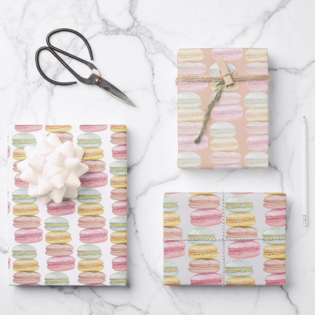 Französisch Macarons Wasserfarbe Handgemalt Geschenkpapier Set (Vorderseite)