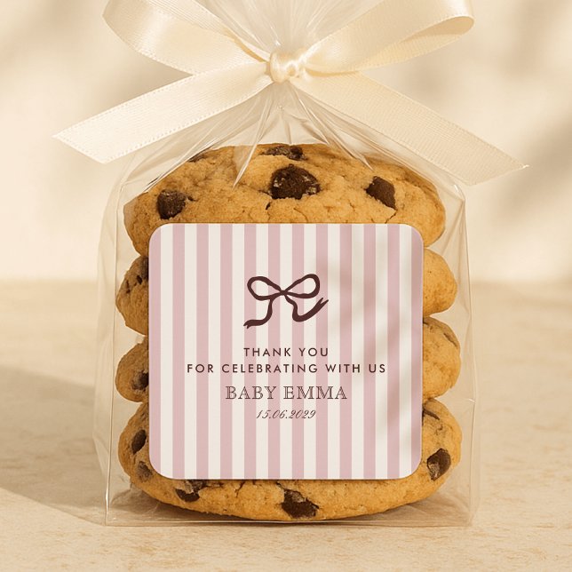 Französisch Pink Bow & Stripes Babydusche Quadratischer Aufkleber (Von Creator hochgeladen)