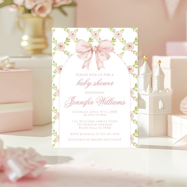 Französisch Pink Roses Bow Spring Baby Girl Dusche Einladung (Von Creator hochgeladen)