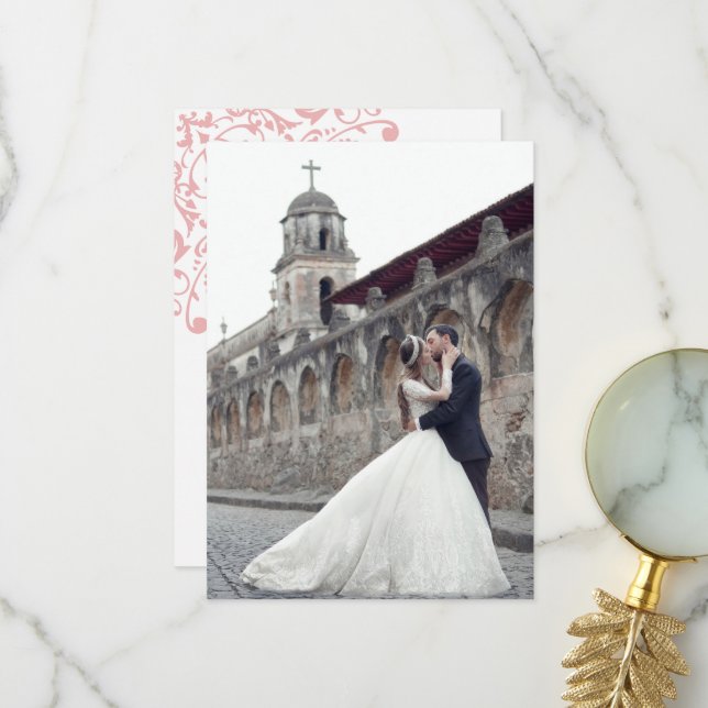 Französisch Regency Pink Lilie Wedding Foto Dankeskarte (Vorderseite/Rückseite Beispiel)