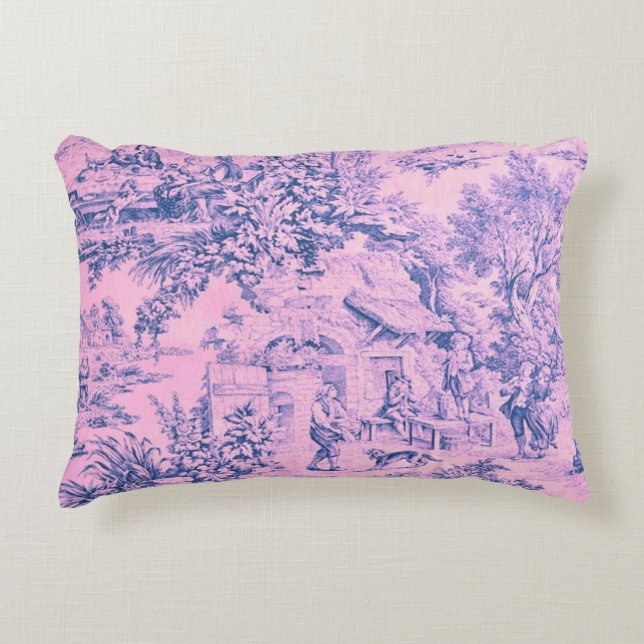 Französisch Rosa Toile Chinoiserie Rustikaler Roko Dekokissen (Vorderseite)