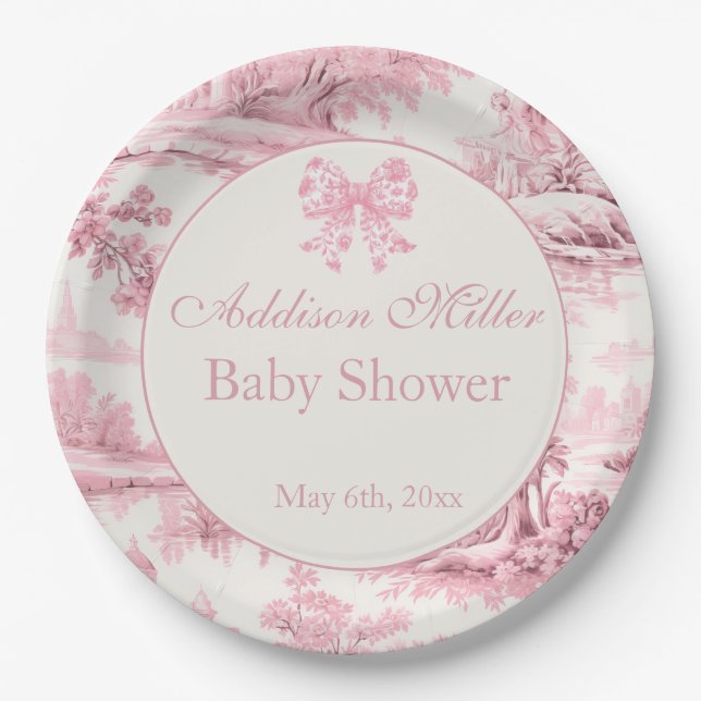Französisch Rosa Toile Floral Bow Baby Girl Dusche Pappteller (Vorderseite)