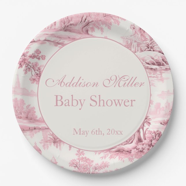 Französisch Rosa Toile Floral Bow Baby Girl Dusche Pappteller (Vorderseite)