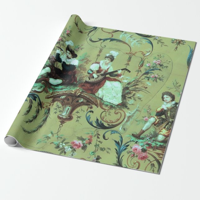Französisch Sage Green Toile Viktorianisch Style D Geschenkpapier (Ungerollt)