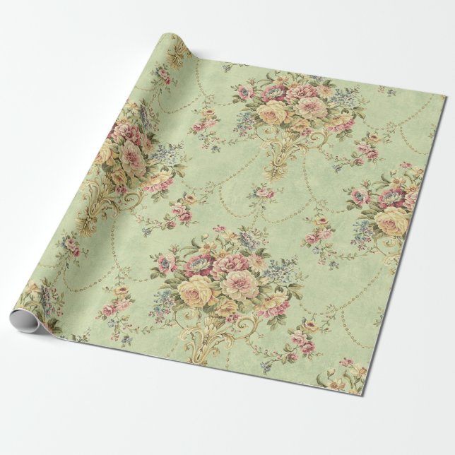 Französisch Sage Green Viktorianisch Style Blumend Geschenkpapier (Ungerollt)