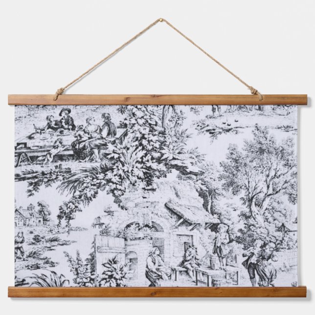 Französisch Schwarz-weiß Toile Chinoiserie Rustika Wandteppich Mit Holzrahmen (Vorne)