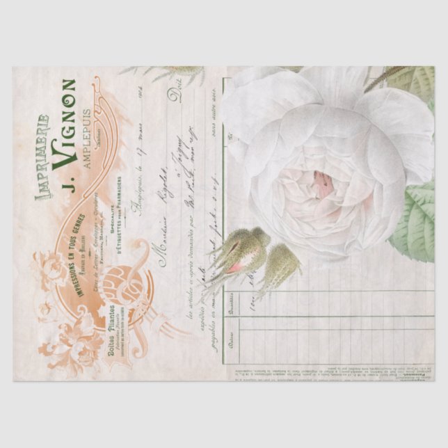 Französisch Script White Rose Blume Ephemera Decou Seidenpapier (Vorderseite)