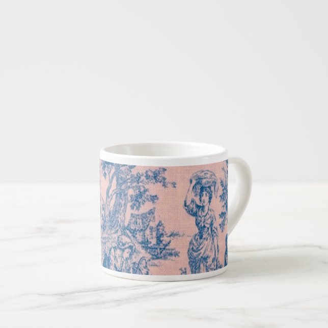 Französisch toile de jouy blau und rosa elegant espressotasse (Vorderseite Rechts)