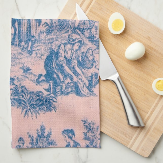 Französisch toile de jouy blau und rosa elegant geschirrtuch (Viertel Falte)