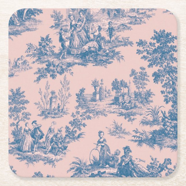 Französisch toile de jouy blau und rosa elegant rechteckiger pappuntersetzer (Vorderseite)