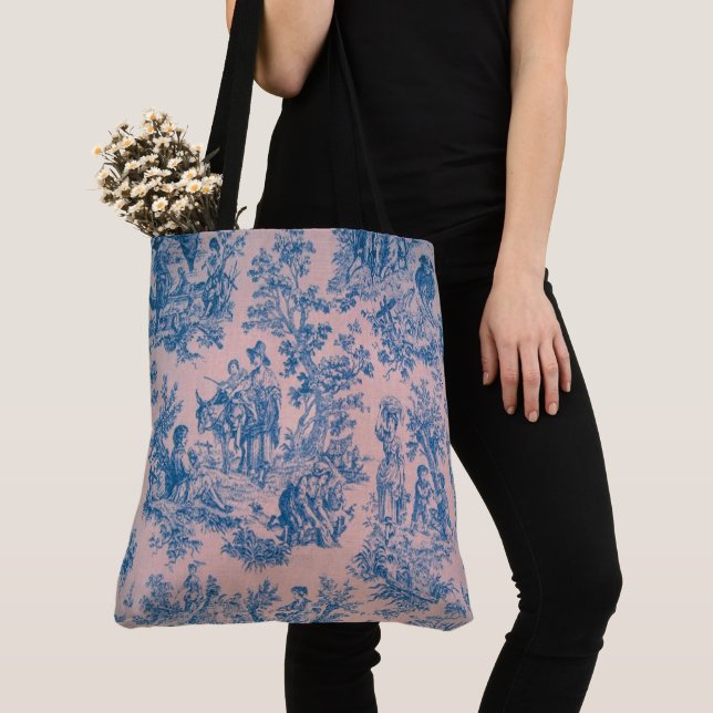 Französisch toile de jouy blau und rosa elegant tasche (Von Nahem)