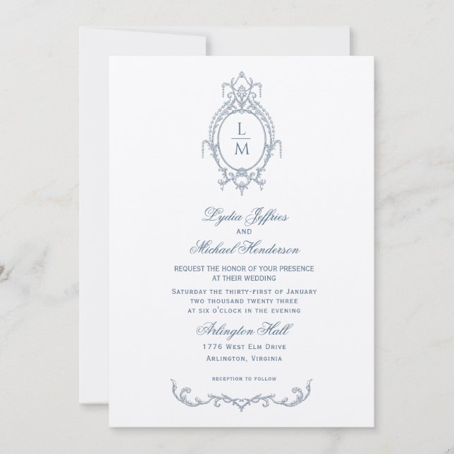Französisch-Verziert-barocke Monogramm-Hochzeit Einladung (Vorderseite)