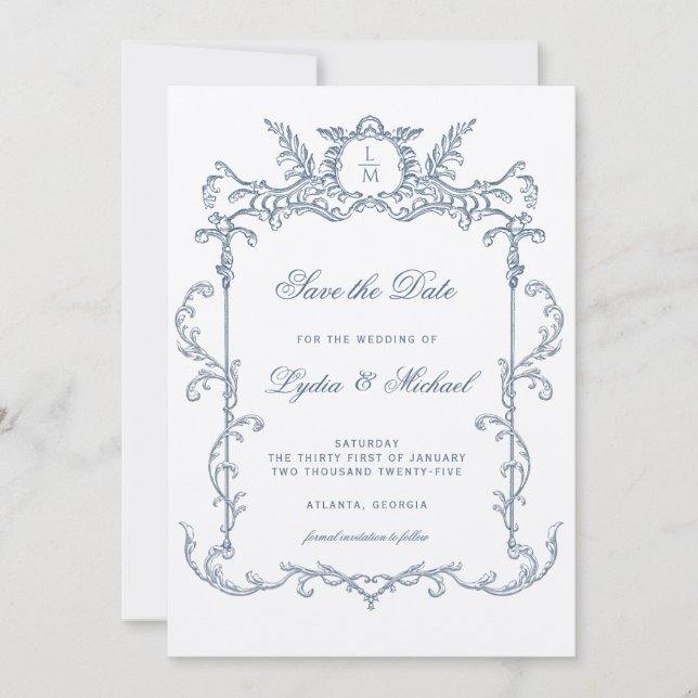 Französisch-Verziert-Barockmonogramm Save the Date (Vorderseite)