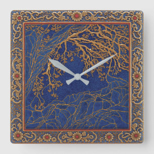 Französische Alpen Blau Gold + Karneol-Farbuhr Quadratische Wanduhr