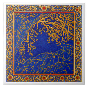 Französische Alpen Blau Gold + Karneol Keramikflie Fliese