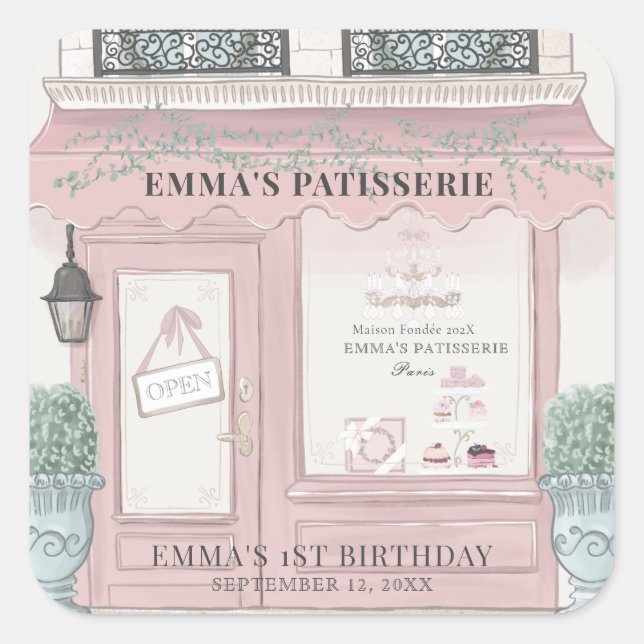 Französische Bäckerei Patisserie Paris Pink Geburt Quadratischer Aufkleber (Vorderseite)