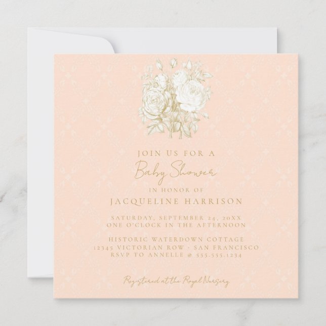 Französische Bläserei Elegante Toile Pink Gold Bab Einladung (Vorderseite)