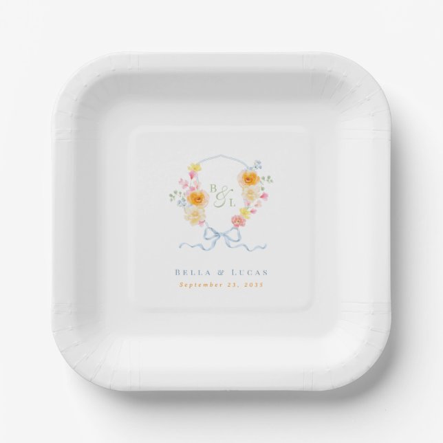 Französische blaue Bogenwappen-Monogramm-Frühlings Pappteller (Vorderseite)