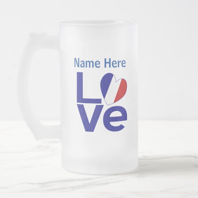Französische Blaue LIEBE Herzenflagge Personalisie Mattglas Bierglas (Links)