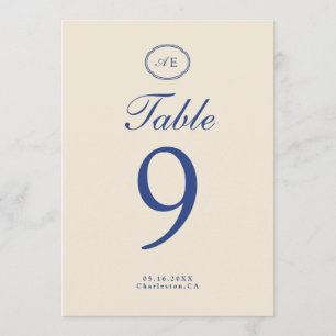 Französische blaue Monogramm-Hochzeitstisch-Nummer Einladung
