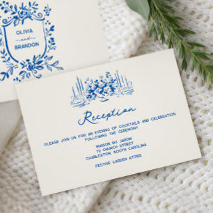 Französische Blaue Whimsical-Hochzeitsempfang Begleitkarte
