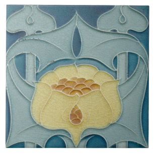 Französische Blumen Gelbe Art Nouveau Aquablau Blu Fliese