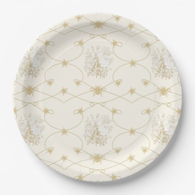 Französische Blumenmuster Elegante Bienen Elfenbei Pappteller (Vorderseite)