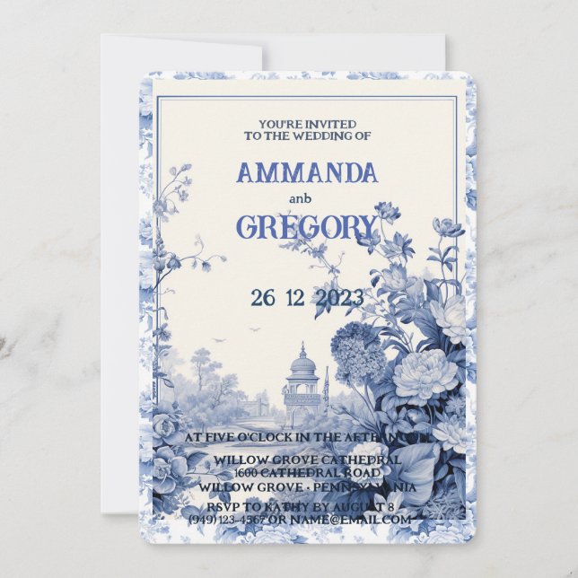 Französische Blumentoilblauer Einladung (Vorderseite)