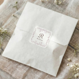 Französische Blumige Staubige Rosenrote Monogramm- Quadratischer Aufkleber
